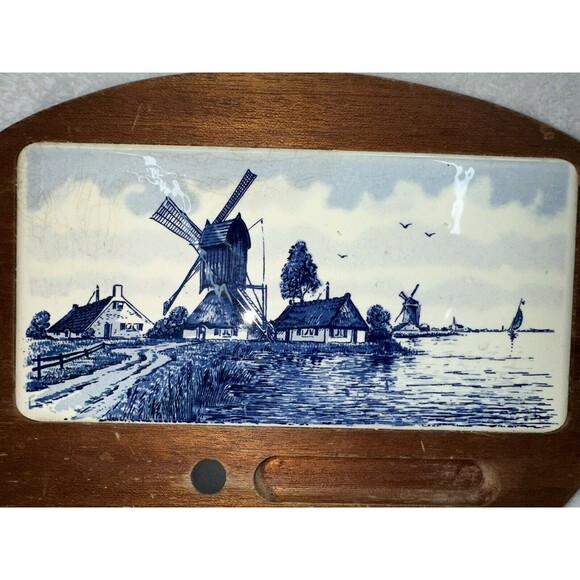 Delft Blue Windmill Cheese Board Charcuterie VTG Tile + Teak Wood Antique - Picture 9 of 16